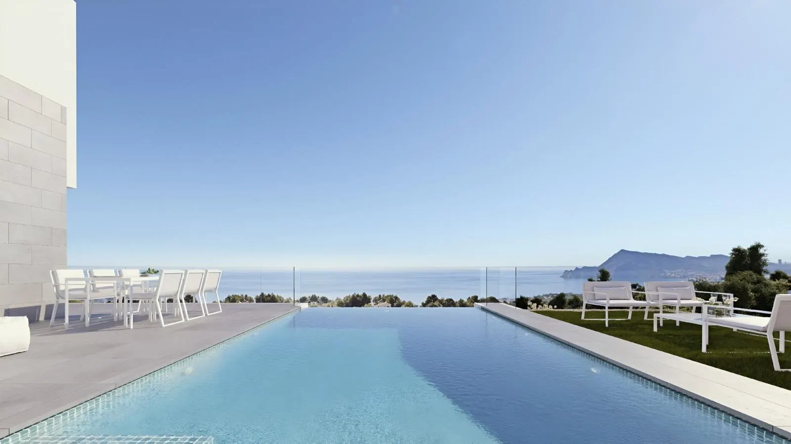 Villa de obra nueva con piscina infinita y vistas al mar