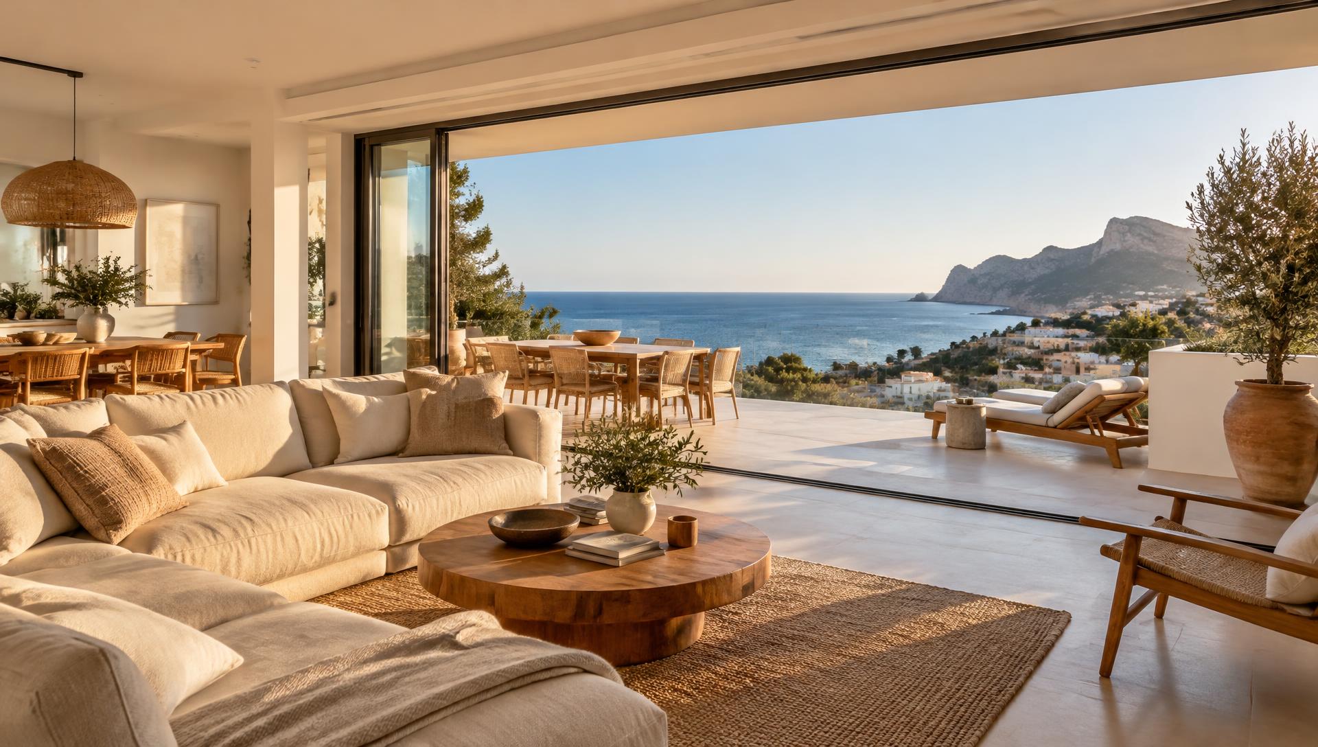 Living room of a new-build apartment with Mediterranean sea views