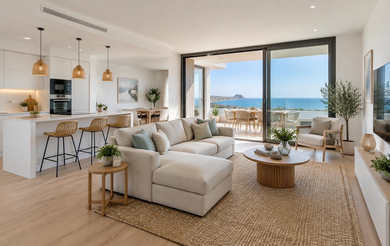 Open-plan living room and kitchen in a new-build apartment